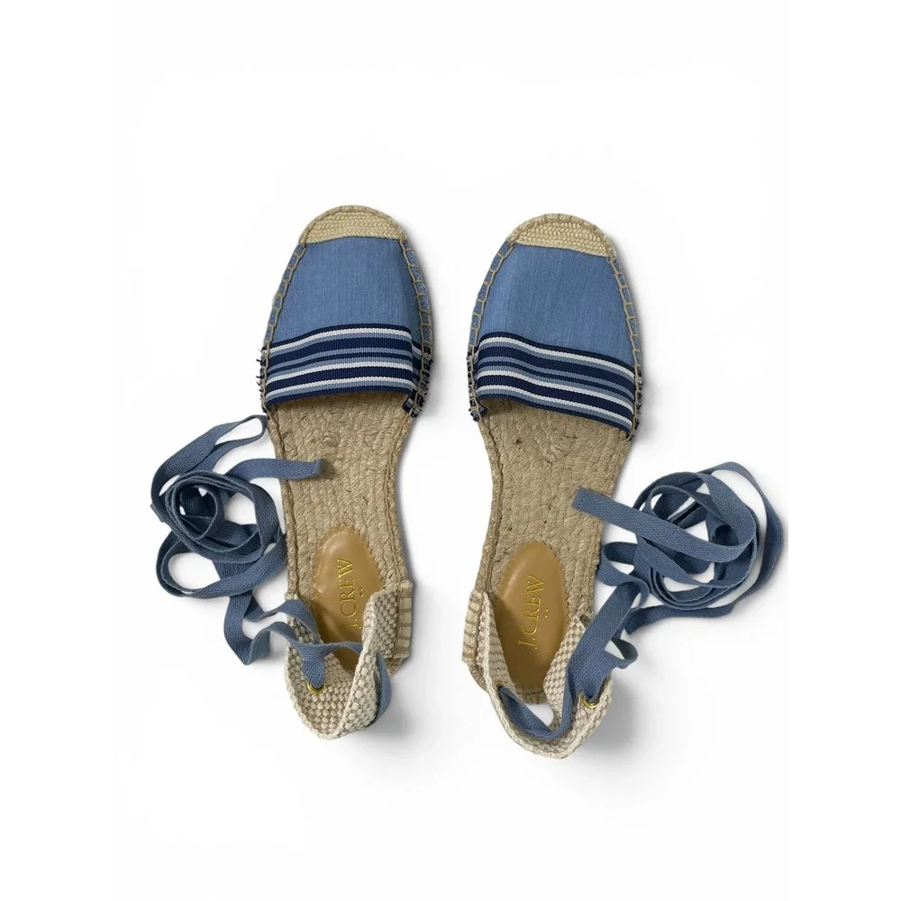 J.Crew Canvas Ankle Tie Espadrille Flats Womens‎ 8 Blue Chambray Stripe NWOB